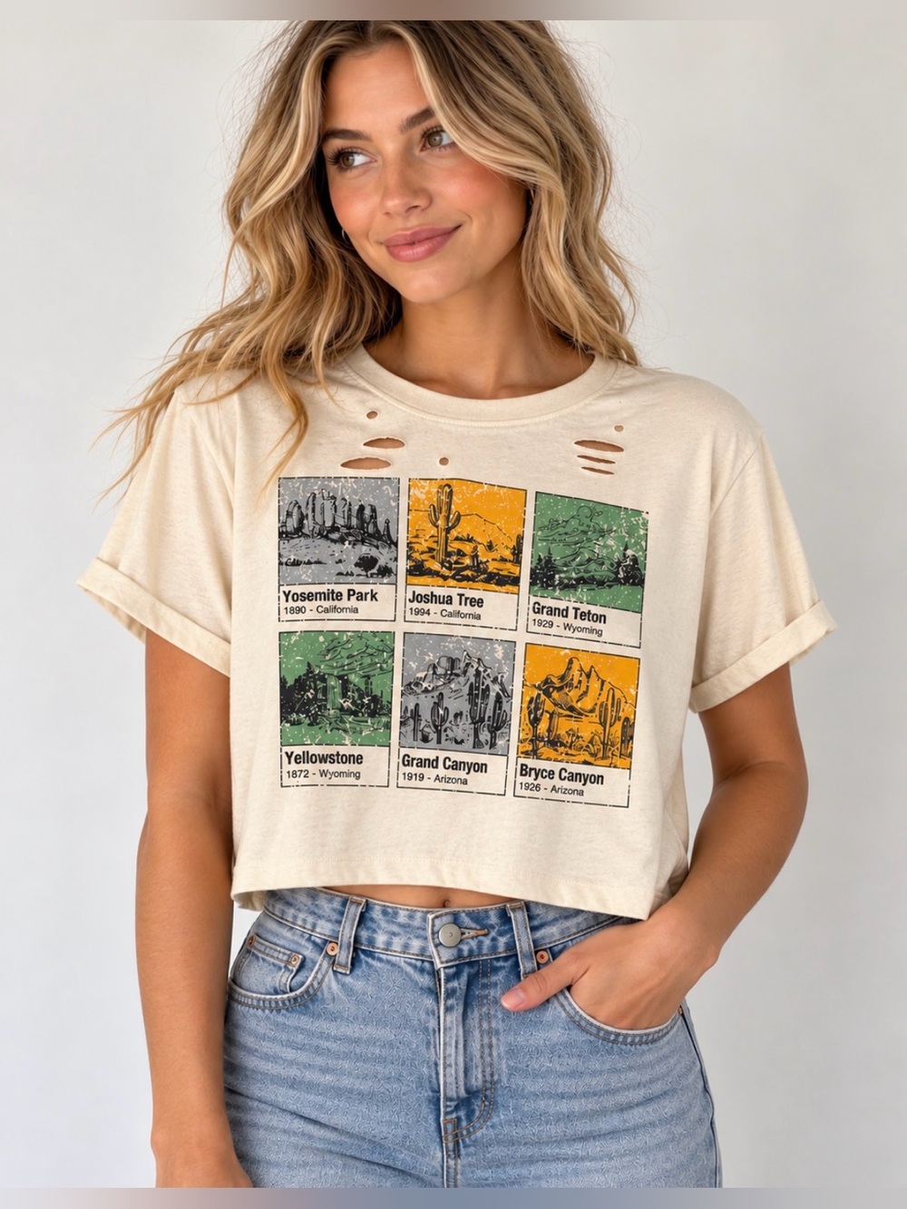 Recycled Threads Distressed National Parks Graphic Crop Tee Large